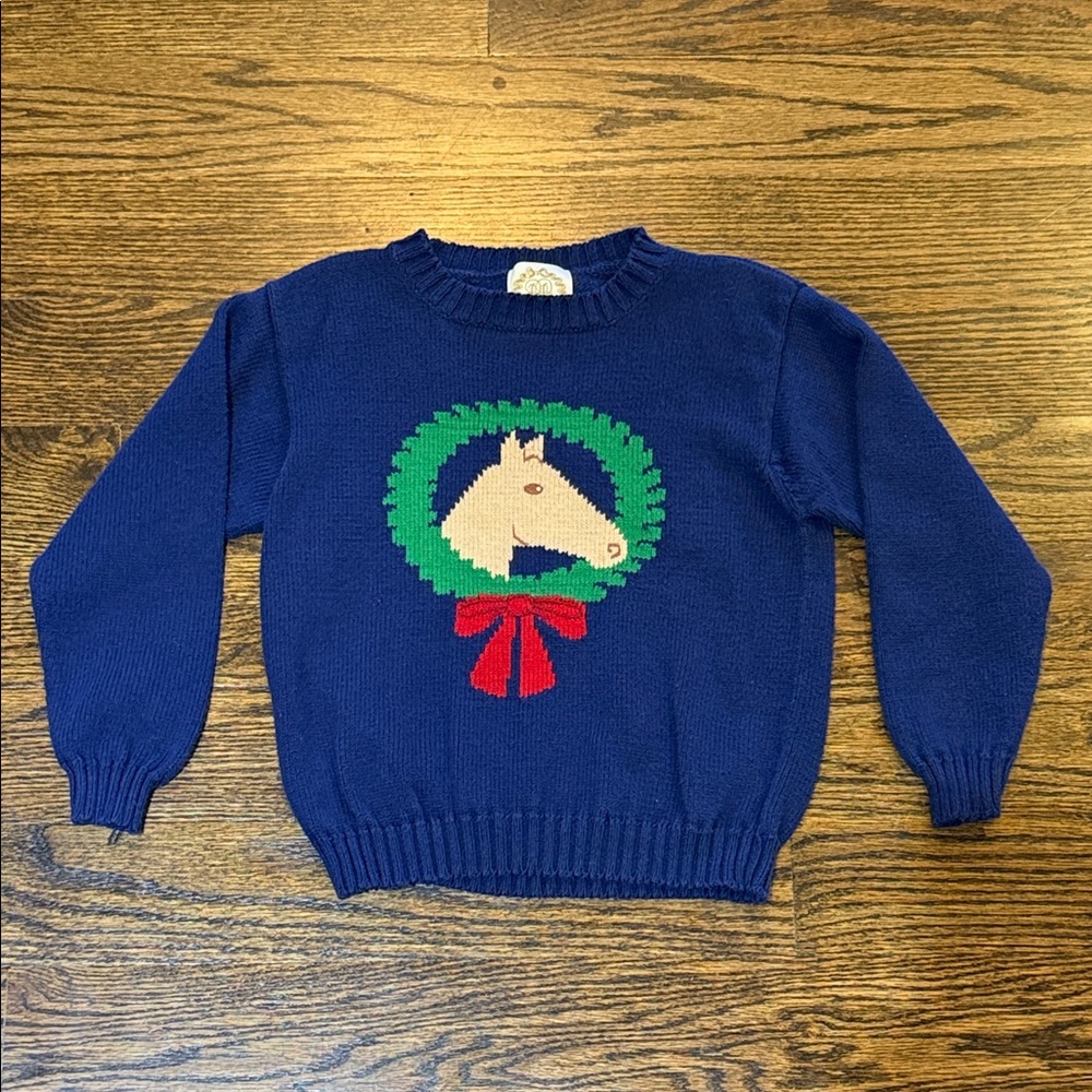 Beaufort Bonnet Girl's Navy Holiday Christmas Horse Wreath Sweater 7T